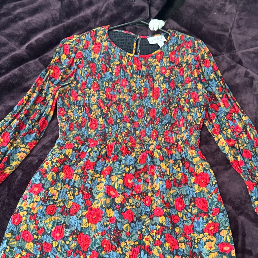 Smocked Floral Long Sleeve Dress in Red, Blue & Yellow